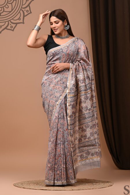 Hand block printed chanderi silk Sarees with blouse